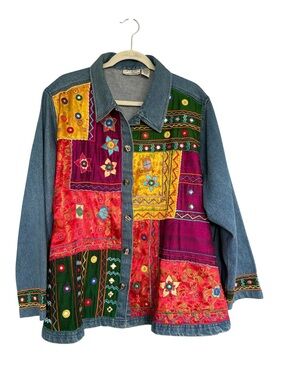 Vintage Venezia Vitale Patchwork Denim Jacket 2X Cotton Silk Boho Festival